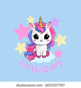 Baby Unicorn sitting on a cloud on stars background, with text: Little baby. isolated colorful vector illustration. Kawaii children's print, poster, sticker, for design of clothing, textiles, rooms. 