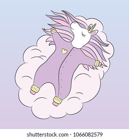 Baby unicorn sleeping on a cloud romper wear little pony girl cute illustration for poster, baby shower card, children product label, kids book, game, poster, invitation or birthday card, logo, etc. 