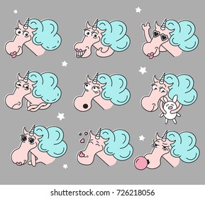 Baby unicorn vector head set. avatar vector collection of flat funny unicorns isolated. Set of smile characters. Animal facial expressions and emotions. Fairy color magic horse. Children illustration