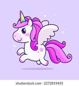 Baby Unicorn with wings. Cartoon Unicorn with piurple hair and  rainbow horn. Baby Pony for kids print design on tee shirt or pajamas