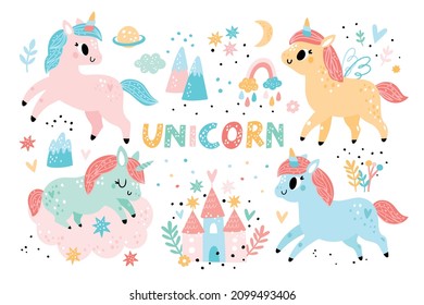 Baby unicorns illustration with rainbow, stars, hearts, clouds, castle in cartoon style. Cute horses in different poses. Pony animal with magical design elements for kids