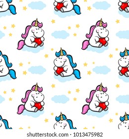 Baby unicorns on a cloud holds a red hearts. Kawaii seamless pattern for you design. Vector illustration.