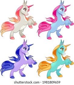 Baby unicorns on two legs. Cartoon vector isolated characters.
