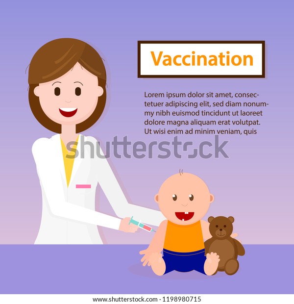 赤ちゃんの予防接種 子供用注射器を持つ医師 男の子の赤ちゃんを調べている笑顔の医師 クリニックでの小児科医の診察 小児科医向けの小児科 赤ちゃんベクター画像漫画イラスト のベクター画像素材 ロイヤリティフリー