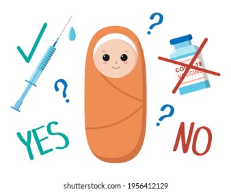 Baby vaccination poster. Vector flat character and medicine elements. Quesstion of baby's vaccination against coronavirus.
