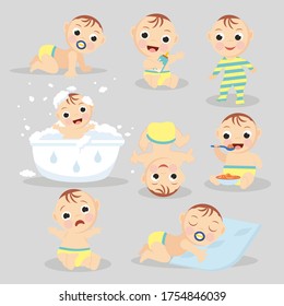baby in various poses, crawls, eats, plays, sleeps, pacifier sucks, cries, bathes, walks, for album design, vector