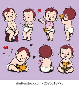 Baby in various poses, in vector, cartoon, character, sticker and decoration.