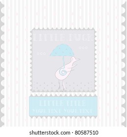 For Baby. Vector background illustration. Duck with blue umbrella.