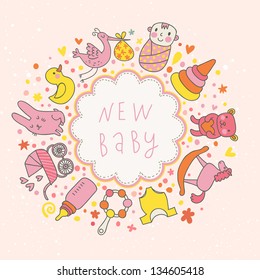 baby vector card. Cartoon childish elements - baby carriage, stork, hare, bear, rattle and other in funny style. Ideal for invitation