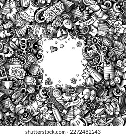 Ilustración de borde de garabatos vectoriales para bebés. Diseño de marco secundario. Fondo de dibujos animados de elementos y objetos recién nacidos. Imagen divertida de gráficos