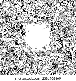 Baby vector doodles border illustration. Child frame design. Newborn elements and objects cartoon background. Sketchy funny picture. NOT AI