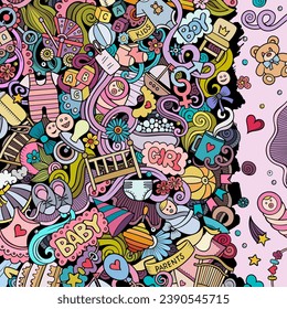Baby vector doodles border illustration. Child frame design. Newborn elements and objects cartoon background. Bright colors funny picture