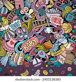 Baby vector doodles border illustration. Child frame design. Newborn elements and objects cartoon background. Bright colors funny picture