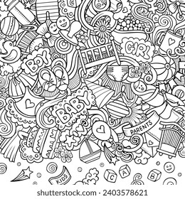 Baby vector doodles border illustration. Child frame design. Newborn elements and objects cartoon background. Sketchy funny picture