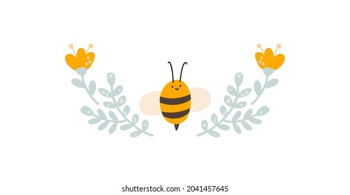 Baby Vector Floral summer divider banner, Pastel kids color bee and wildflowers bouquet. Scandinavian style hand drawn shape. Isolated illustration on white background.