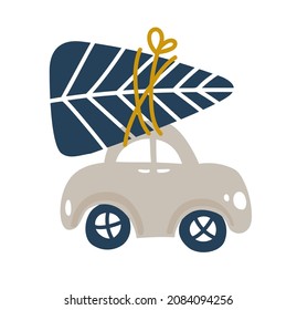 Baby Vector hand drawn car with Christmas tree on white isolated background. Scandinavian cute illustration for kids design textile, greeting card, holiday poster.