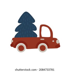 Baby Vector hand drawn car with Christmas tree on white isolated background. Scandinavian cute illustration for kids design textile, greeting card, holiday poster.
