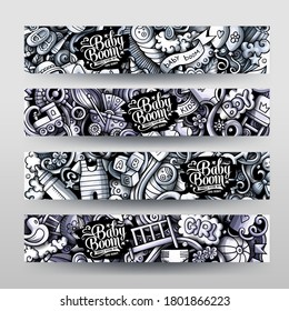 Baby vector hand drawn doodle banners design. Monochrome cartoon background. Kids 4 flyers templates set.