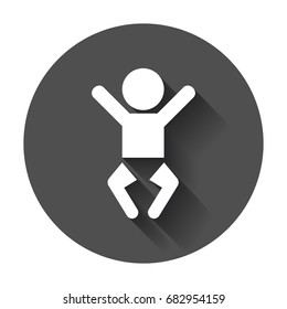 Baby vector icon. Child flat illustration on black round background with long shadow.