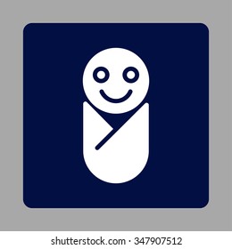 Baby vector icon. Style is flat rounded square button, white and dark blue colors, silver background.