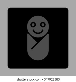 Baby vector icon. Style is flat rounded square button, gray and black colors, silver background.