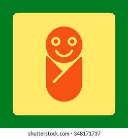 Baby vector icon. Style is flat rounded square button, orange and yellow colors, green background.