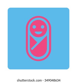 Baby vector icon. Style is flat rounded square button, pink and blue colors, white background.