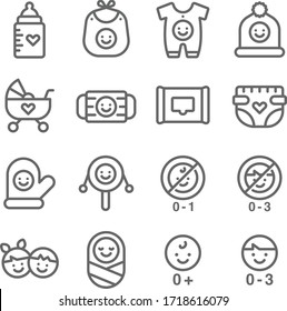 Baby vector icon symbol set illustration. Contains such icon as Baby accessories, Infant, Toy, Stroller, Diapers, pyjamas and more. Expanded Stroke