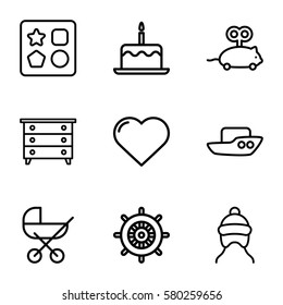 Baby vector icons. Set of 9 Baby outline icons such as boat, from toy for beach, cake with one candle, helm, heart, mouse toy