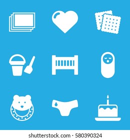 Baby vector icons. Set of 9 Baby filled icons such as children panties, photos, bucket toy for beach, cake with one candle, heart