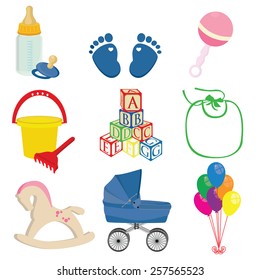 Baby vector icons set  blue baby boy footprints, bib, blocks, rocking horse, balloons, perambulator, pink rattle,bucket with rake 