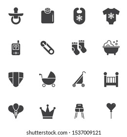 Baby vector icons set, modern solid symbol collection, filled style pictogram pack. Signs, logo illustration. Set includes icons as pacifier, diaper, romper suit, pram, crib, baby monitor, socks, bib