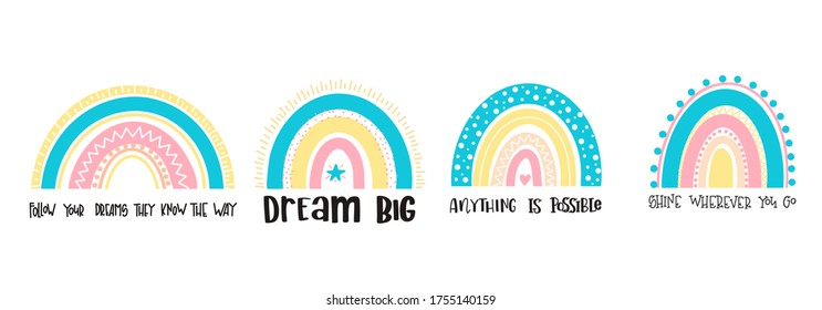 baby vector illustration
Hand drawn typography Rainbows  poster set. Conceptual handwritten phrase Nursery  hand lettered calligraphic design. Inspirational vector