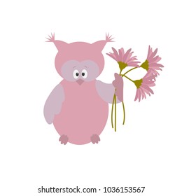 Baby vector illustration of an owl with gerbera flowers on a white isolated background. For decorating a postcard, album, poster.