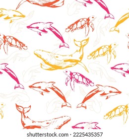  Baby vector illustration. Pattern with flat drawings of cute sharks, octopuses, crabs on a white background.