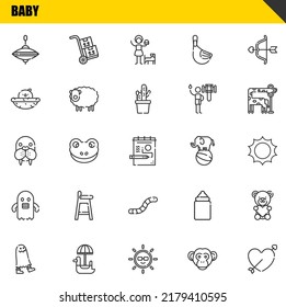 conjunto de iconos de la línea del vector de bebé. Iconos de fusilamiento, fantasmas y moras. Diseño delgado de línea. Elementos gráficos de contorno modernos, símbolos de trazo simple ilustración de fondo