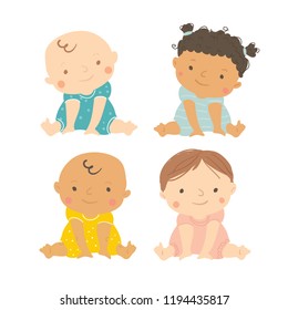 Baby vector. Multi-ethnic set of cute babies sitting. Toddler girls and boys. Cartoon vector hand drawn illustration isolated on white background.