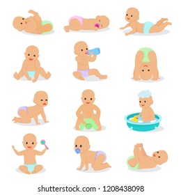 Baby vector newborn infant child playing with childish toys and cartoon smiling kid washing illustration childly set of children characters crying boy isolated on white background