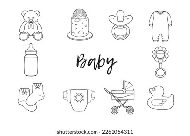 Baby Vector Outline Icon Set containing icons of teddy bear, birthday cake, dummy, baby romper, beanbag, diaper, bath duck, feeding bottle, baby stroller, baby socks