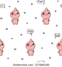 Baby vector pattern with cute pink dinosaur characters and thought clouds. Delicate print for knitwear, fabric and paper.