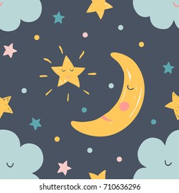 Baby vector pattern with night elements - sun, moon, stars, clouds