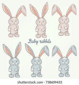 Baby vector rabbits set in rustic cute style