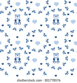 baby vector seamless pattern with blue bows, hearts and teddy bears