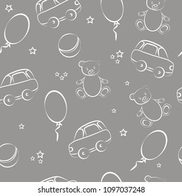 Baby vector seamless pattern for boy with white toys: car, ball, bear, baloon. Suitable for scrap; fabric to child's clothing.