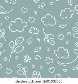 Baby vector seamless pattern of contour nature elements set. Funny sky blue children's print. Many outline clouds, leaves, hearts icons. Doodle hand drawn art. Cute simple kids room wallpaper design