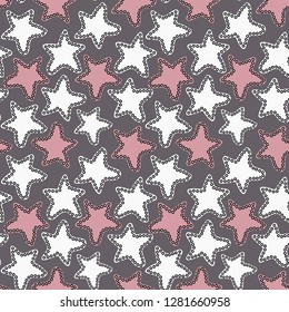 Baby vector seamless pattern. Hand drawn white and pink stars on dark gray background. Template for desing, textile, wallpaper, wrapping, cover, web site, card, banner, ceramic tile.