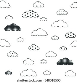 Baby vector seamless pattern. Light patchwork black and white fun sky print for textile fabric. Kids room decor stickers for wall, furniture, surfaces.