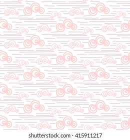 Baby vector seamless pattern. Pastel pink fun windy sky clouds print for textile. Kids room decor print for wall, linen, surfaces.