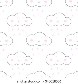 Baby vector smiley clouds seamless pattern. Light fun rainy sky print for textile fabric. Kids room decor stickers for wall, furniture, surfaces.