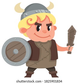 Baby Viking Holding Toy Sword And Shield. Cute Character In Cartoon Style.